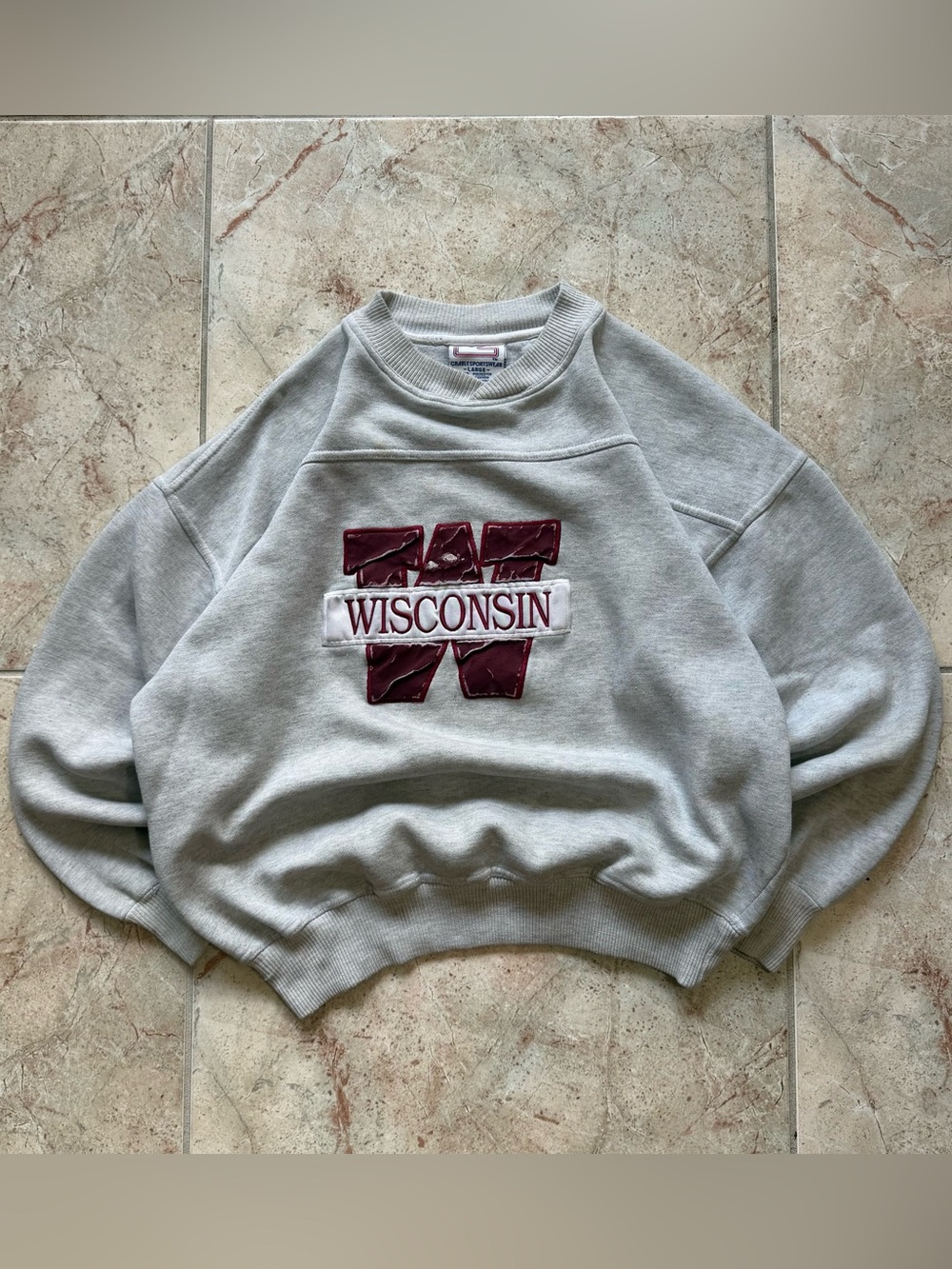 Gray Crewneck Sweatshirt with Maroon Wisconsin Appliqué
